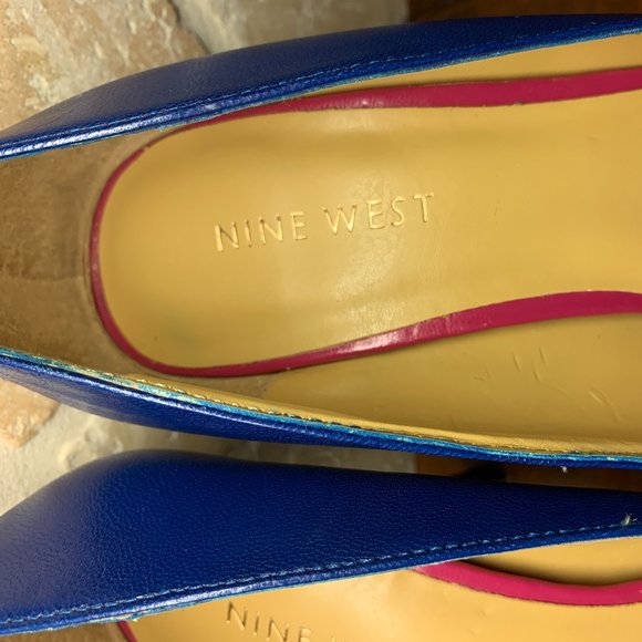 NINE WEST Blue Leather Pink Peep Toe Heels, Sz 7 - Picture 4 of 10